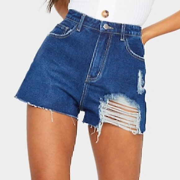 PRETTYLITTLETHING Dark Blue Wash Distressed Denim Mom Shorts Ripped High Waisted - Picture 4 of 15